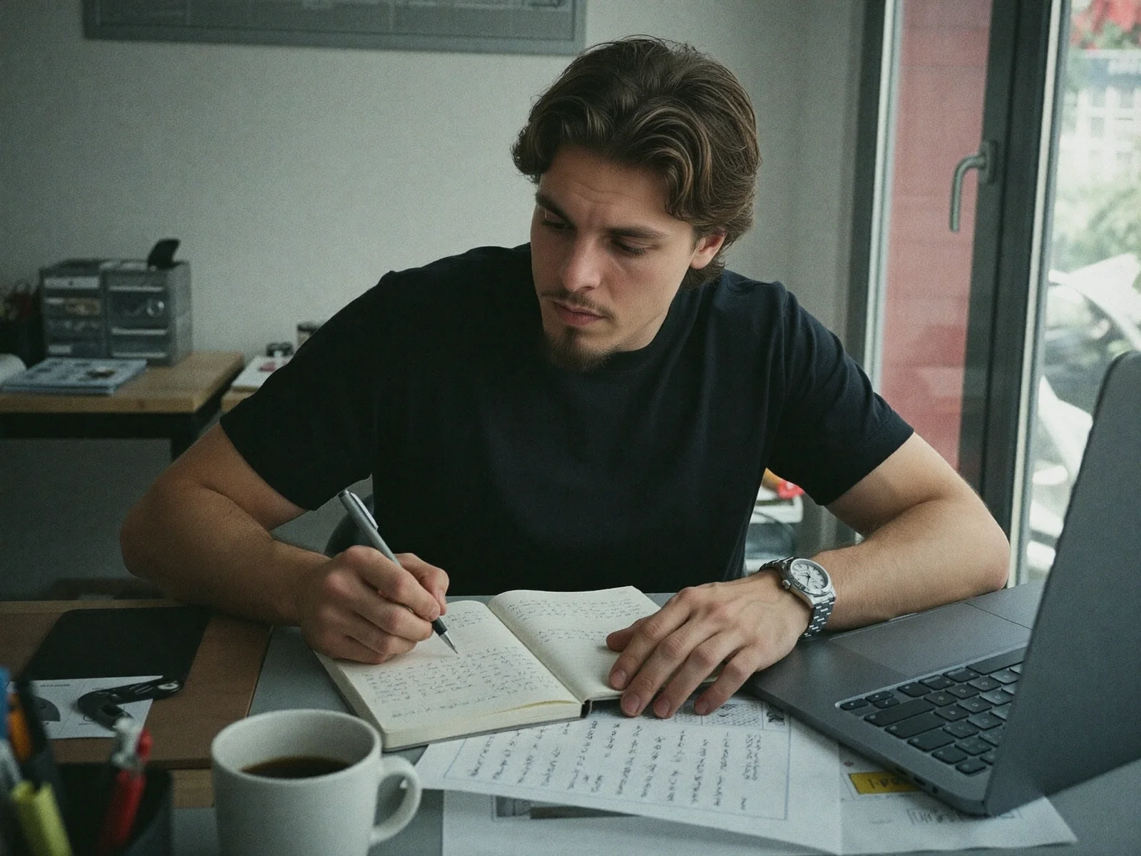 Fase de diseño: Rubén anotando el flujo del sistema en una libreta