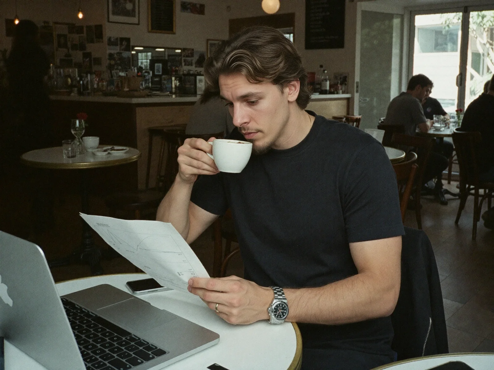 Fase de evolución: Rubén revisando resultados con un café
